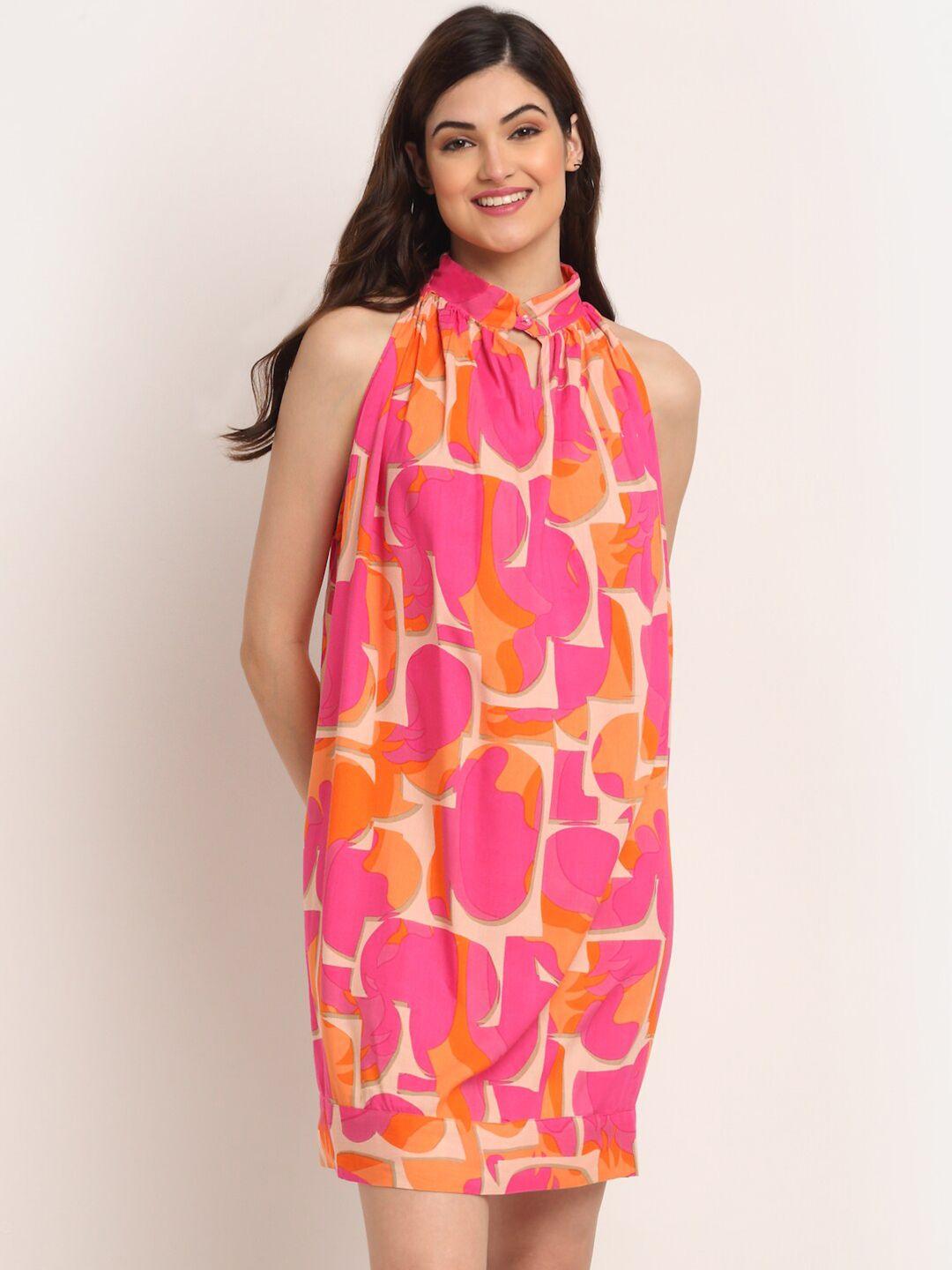 aawari pink & orange printed tie-up neck sheath dress