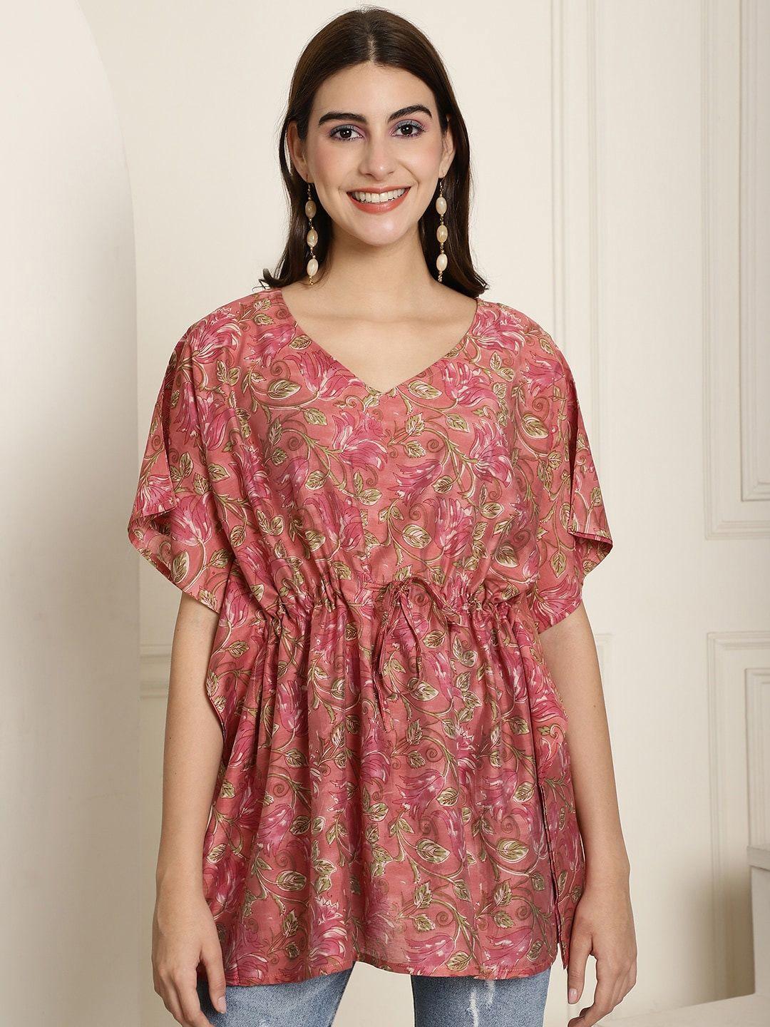 aawari pink floral print extended sleeves pure silk kaftan longline top