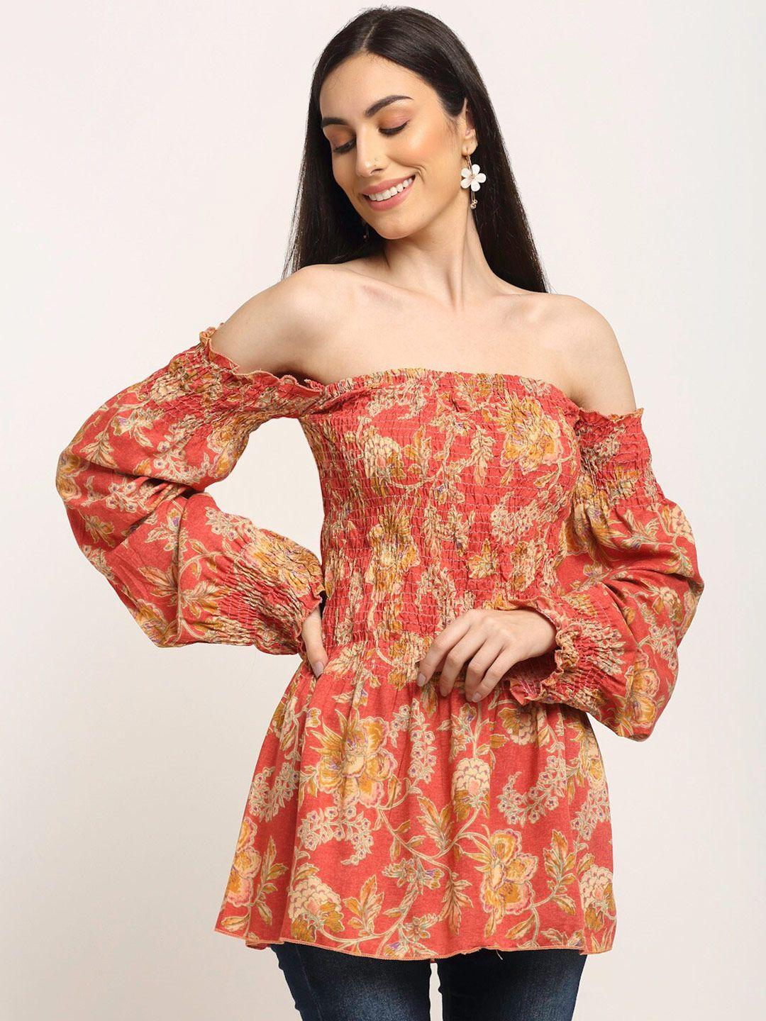 aawari red & mustard yellow floral print off-shoulder bardot top