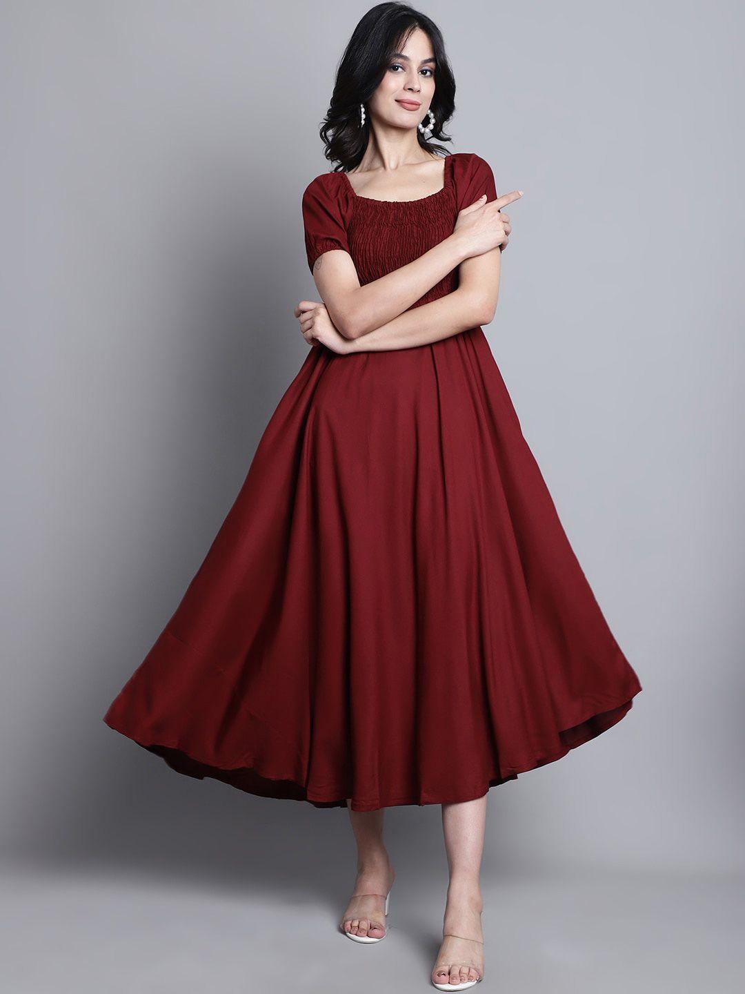 aawari smocked detailed square neck puff sleeves a-line midi dress