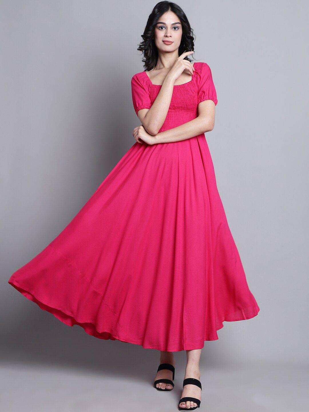 aawari square neck puff sleeves smocking fit and flare maxi dress