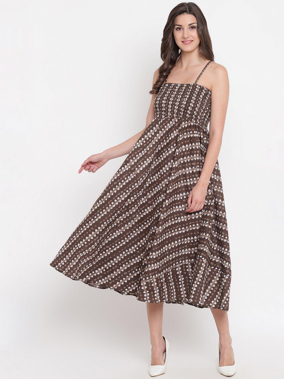 aawari women brown & white smocked midi dress