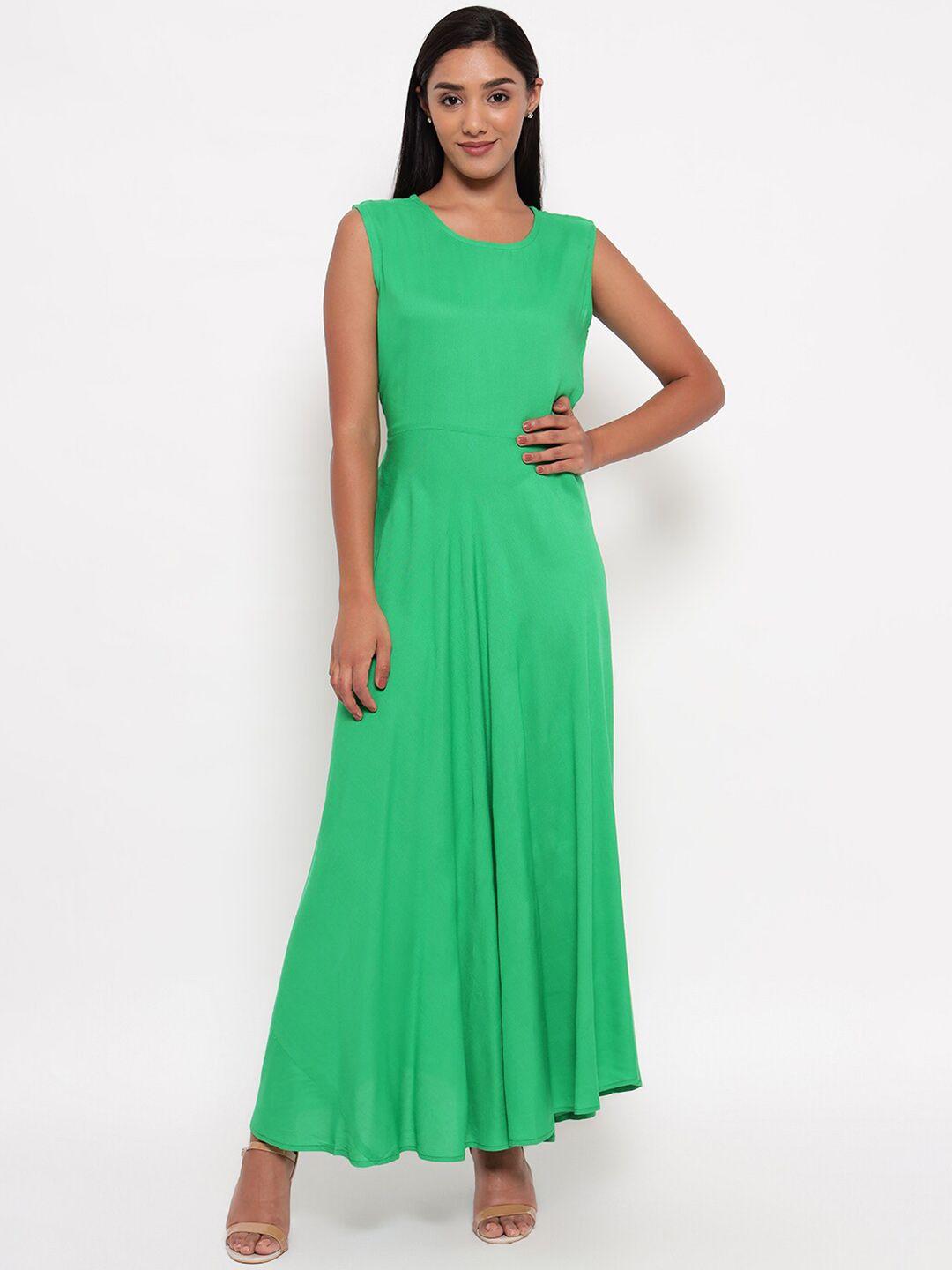 aawari women green solid sleeveless flared maxi dress