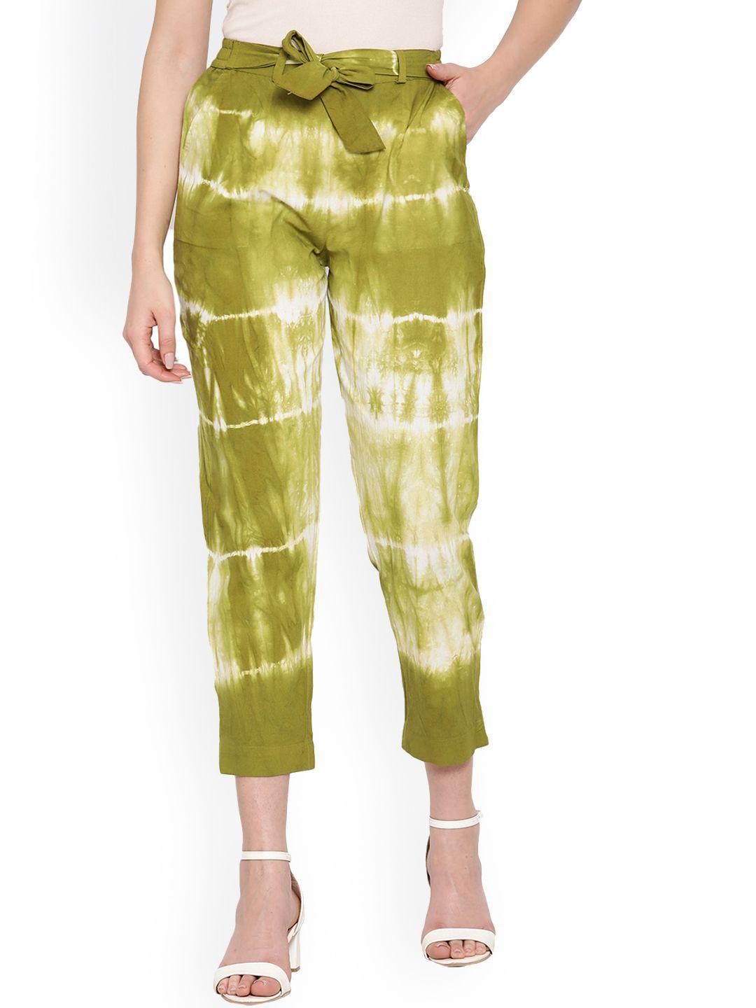 aawari women green tie and dye printed relaxed cotton high-rise trousers