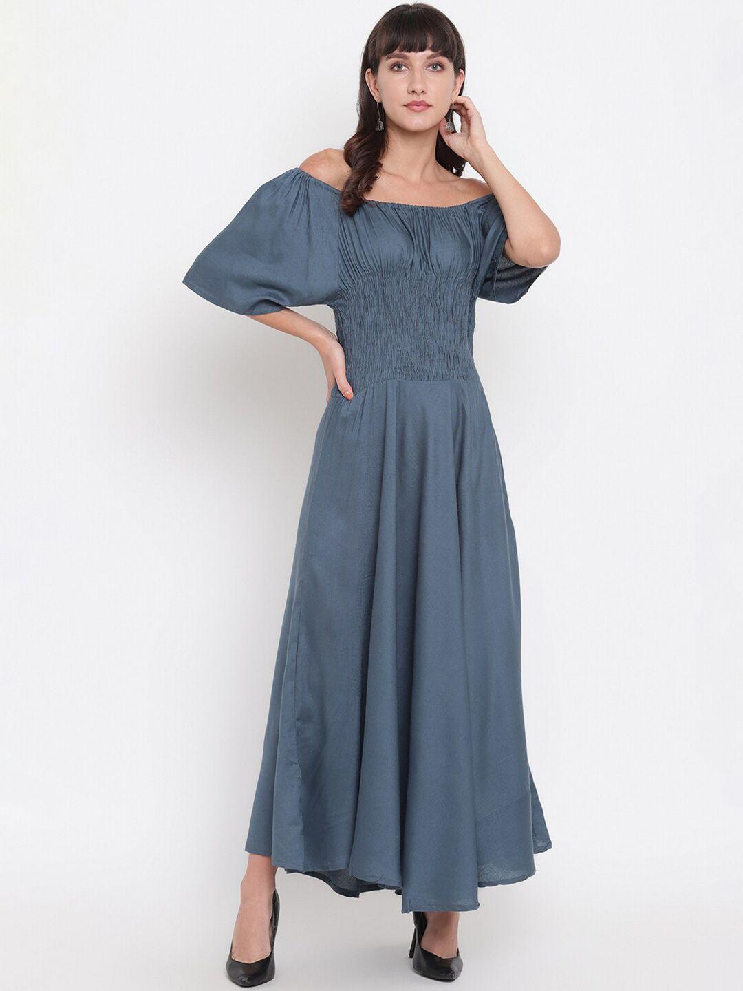 aawari women grey off-shoulder smocked maxi dress