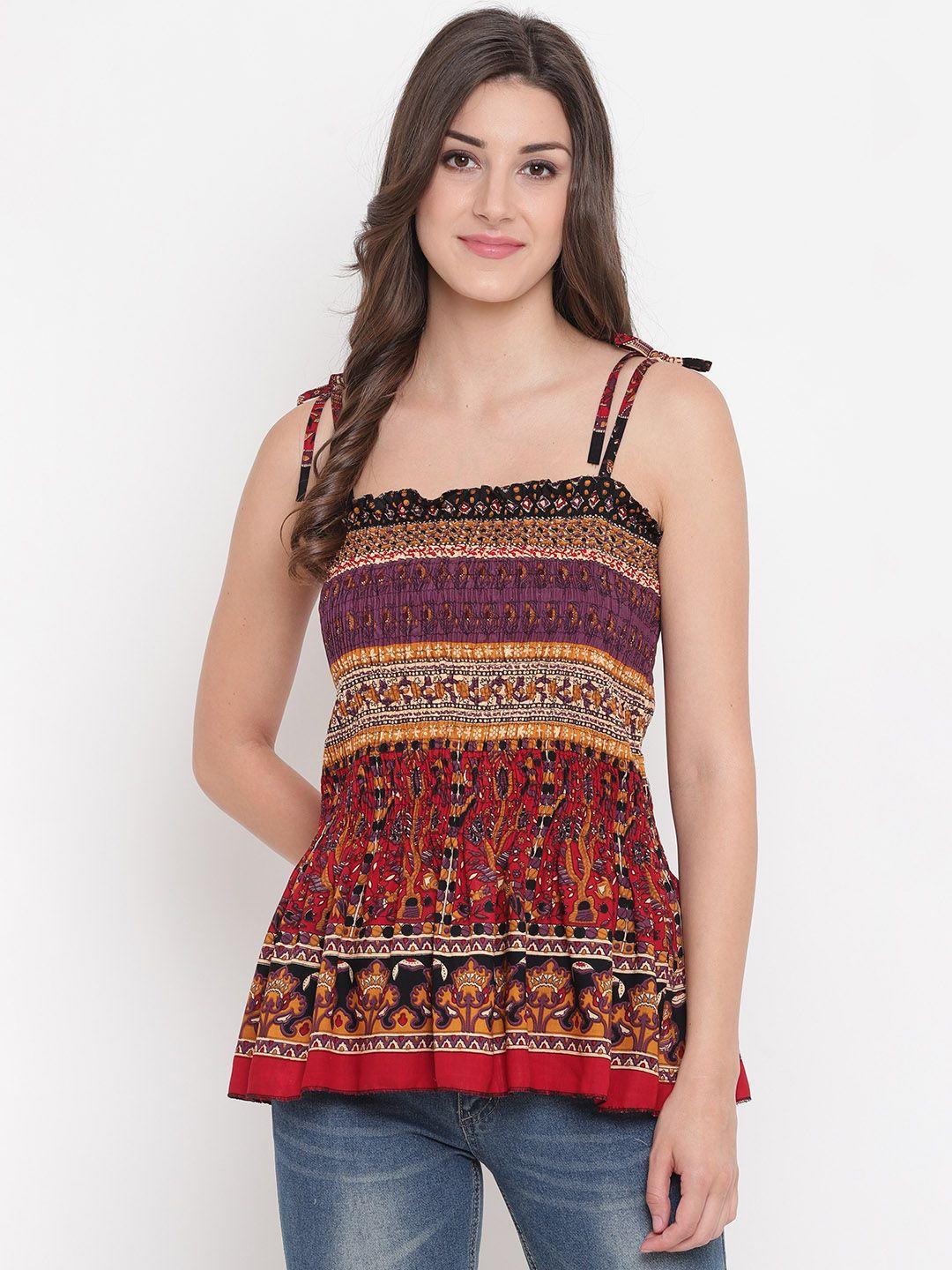 aawari women maroon & red print cinched waist top