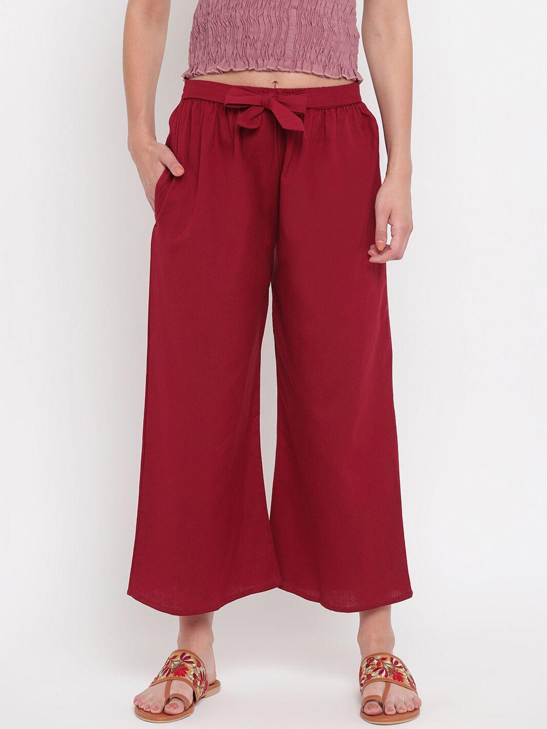 aawari women maroon cotton high-rise pleated parallel trousers