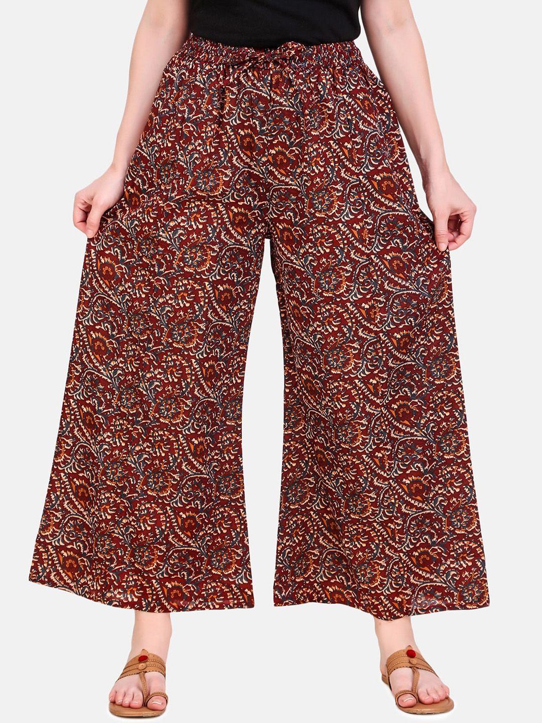 aawari women maroon ethnic motifs printed high-rise trousers