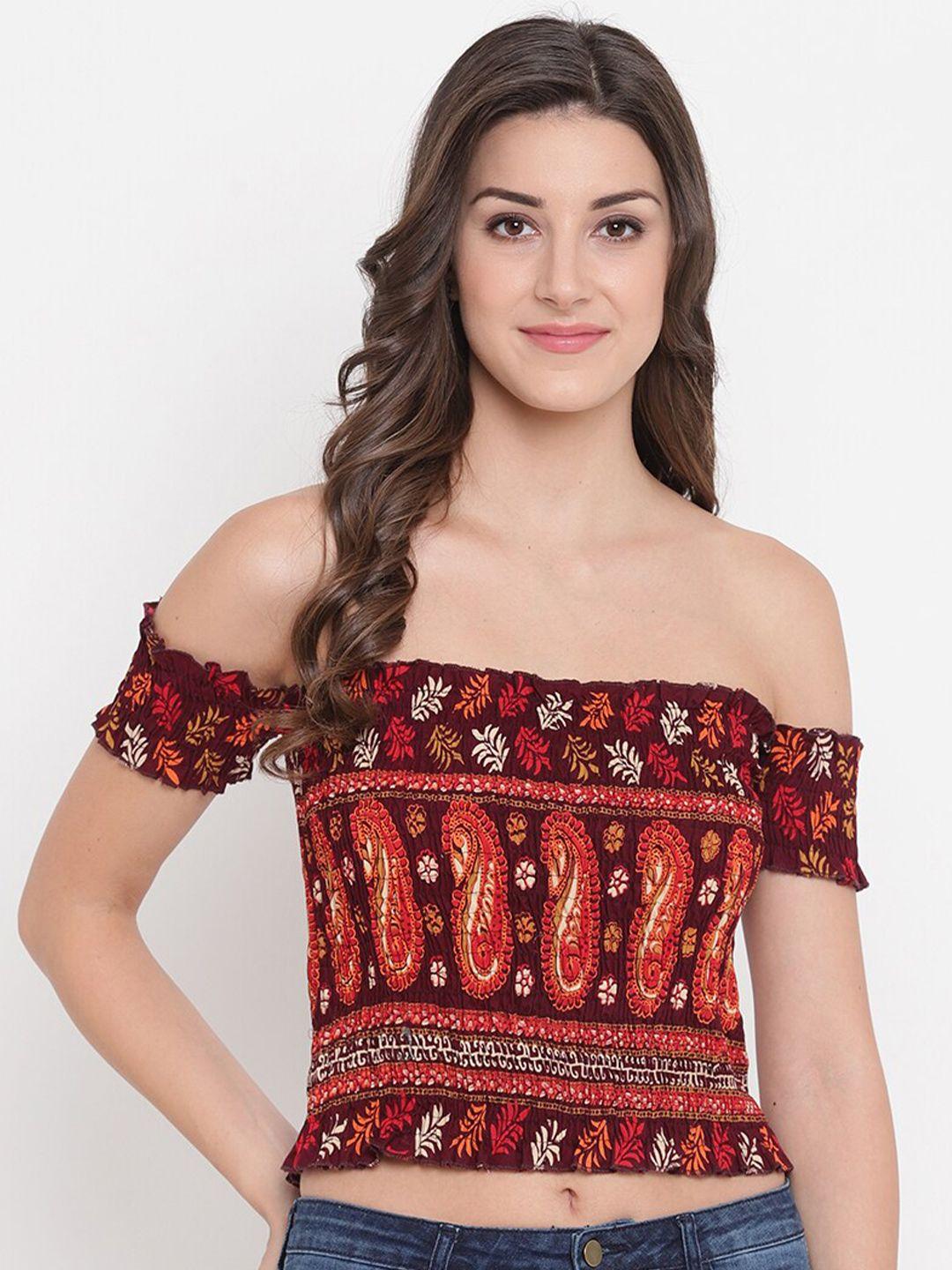 aawari women maroon print off-shoulder cotton bardot crop top