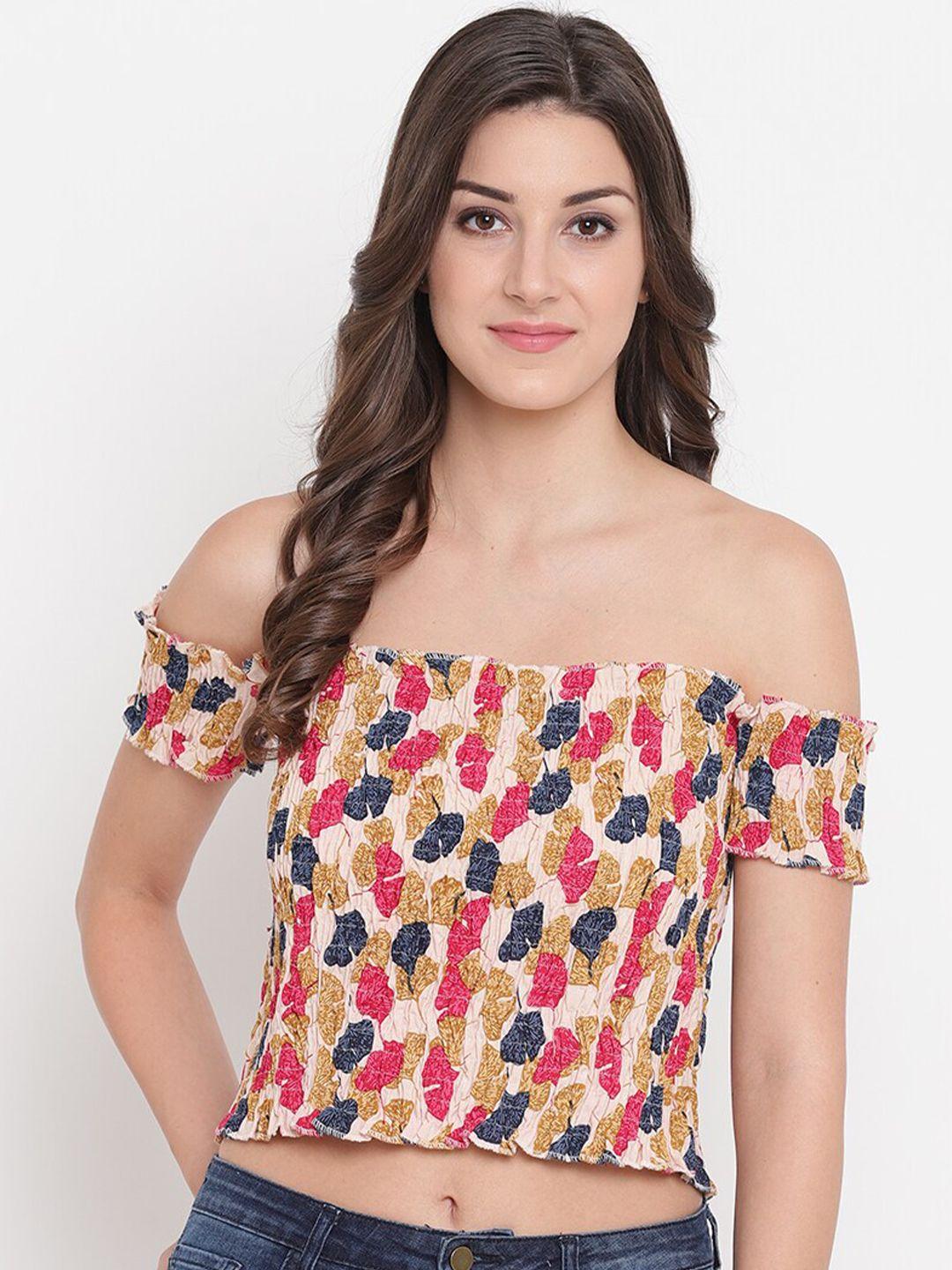 aawari women multicoloured floral print off-shoulder cotton bardot crop top