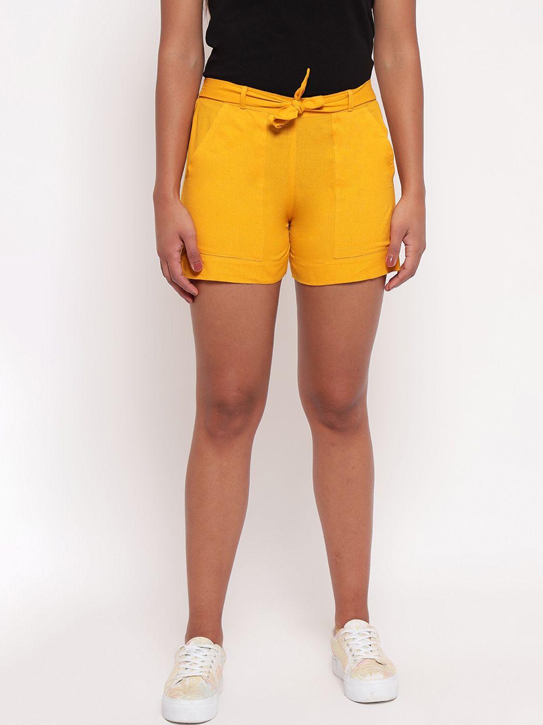 aawari women mustard high-rise cotton shorts