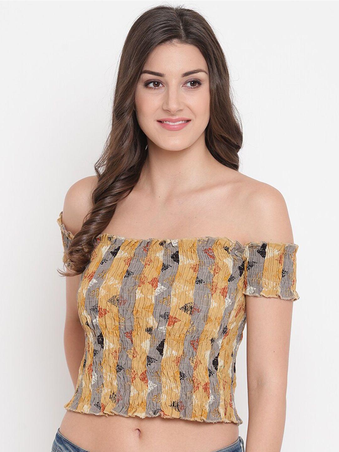 aawari women mustard yellow & grey geometric print off-shoulder cotton bardot crop top