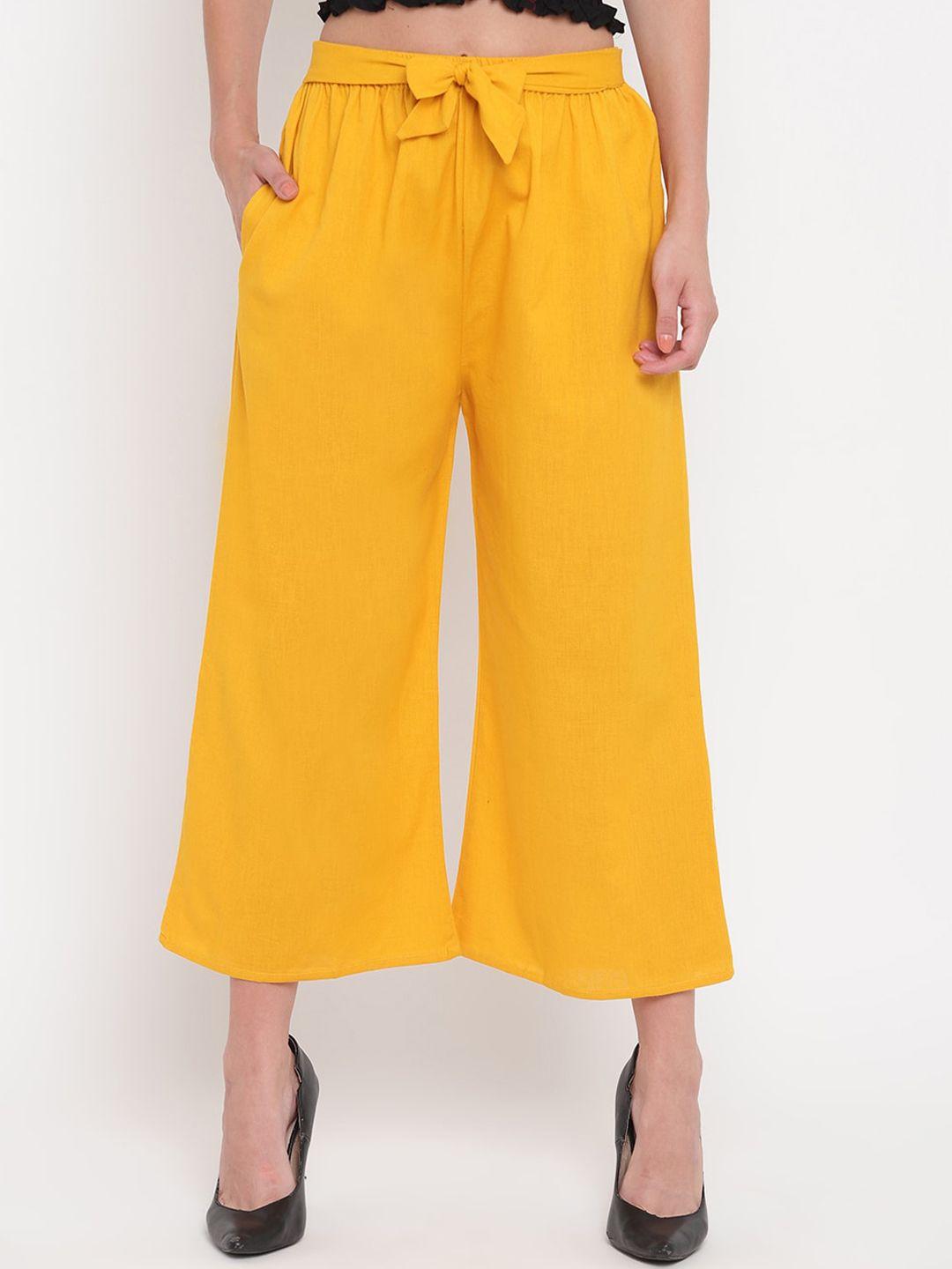 aawari women mustard yellow high-rise pleated cotton culottes trousers