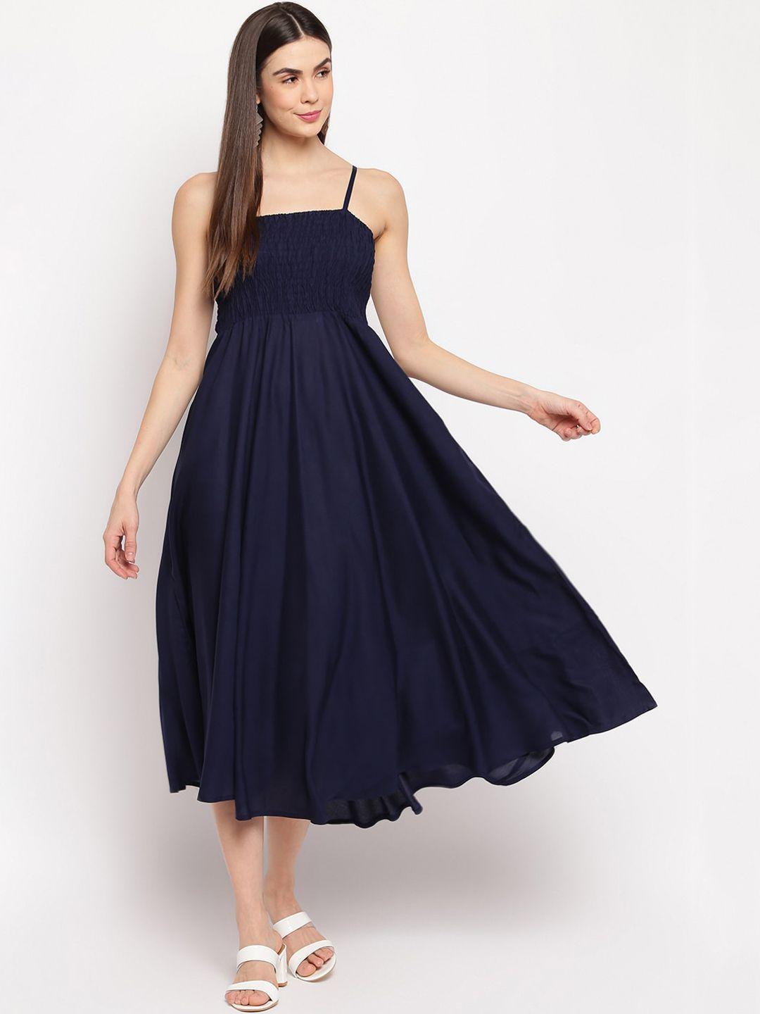 aawari women navy blue solid fit and flare dress