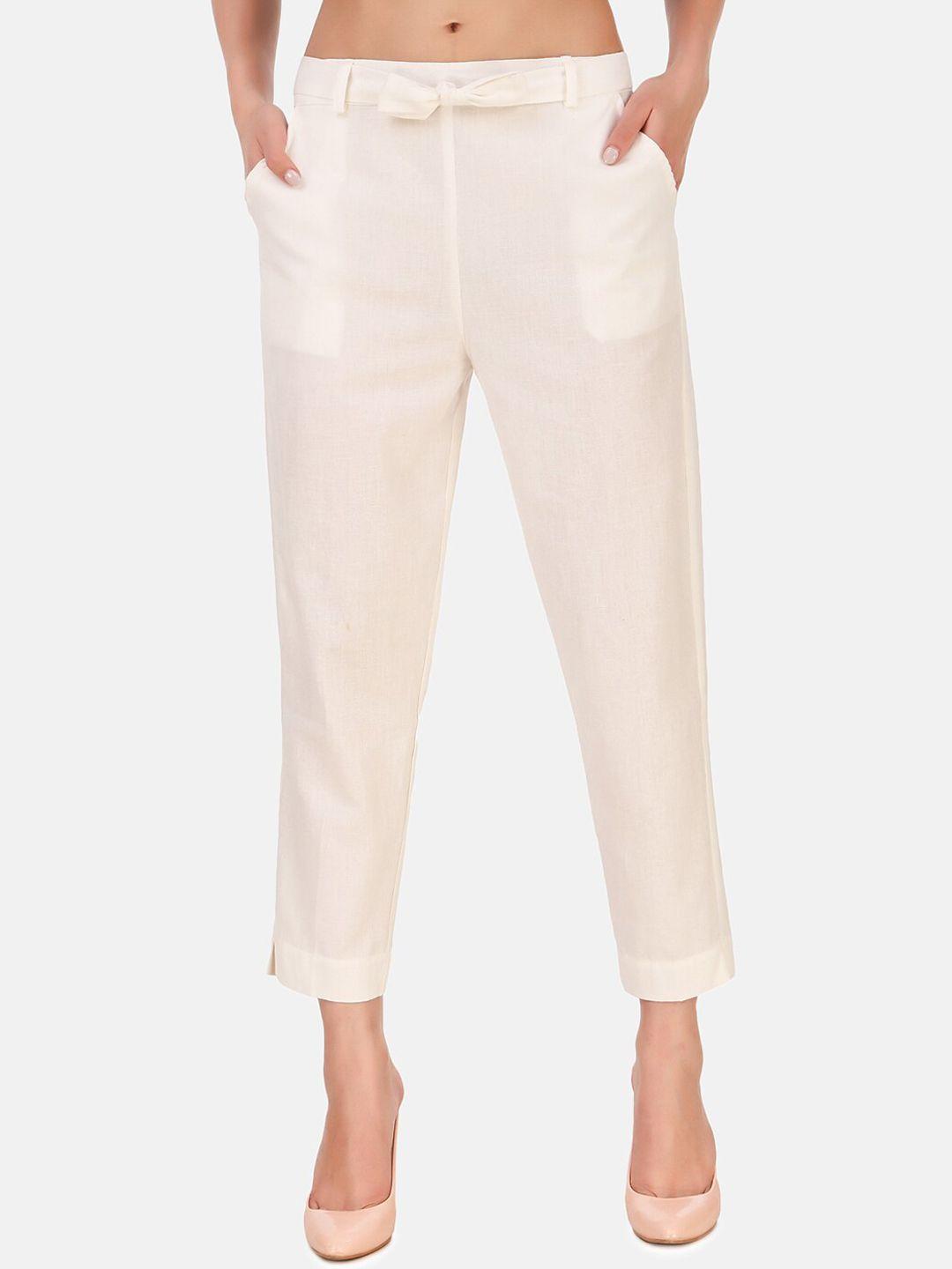 aawari women off-white regular fit solid regular trousers