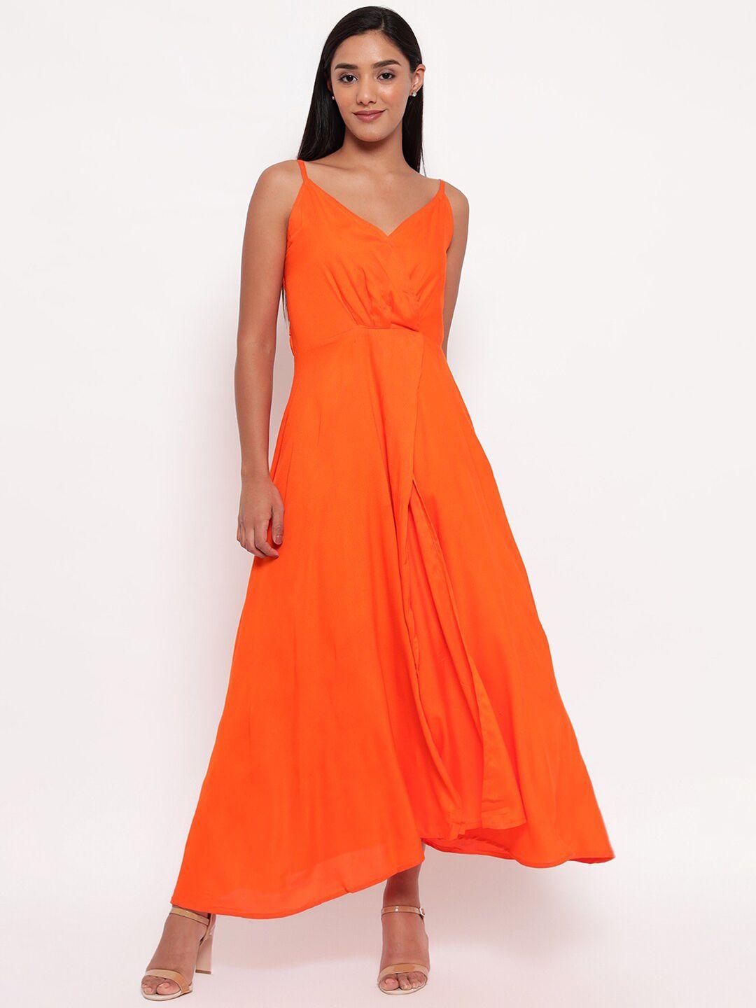 aawari women orange solid shoulder straps maxi flared party dress