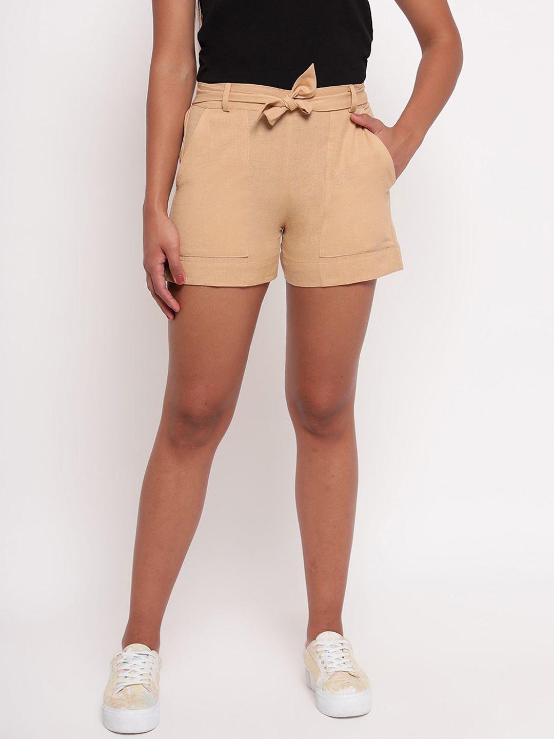 aawari women tan high-rise cotton shorts