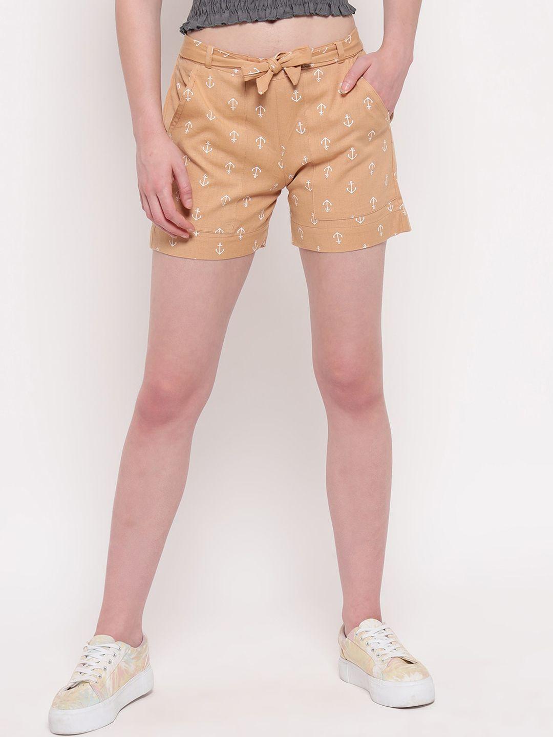 aawari women tan printed high-rise cotton shorts