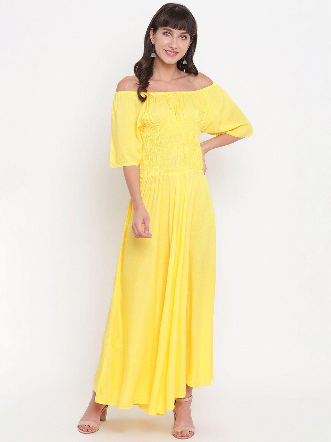 aawari women yellow solid off-shoulder maxi dress