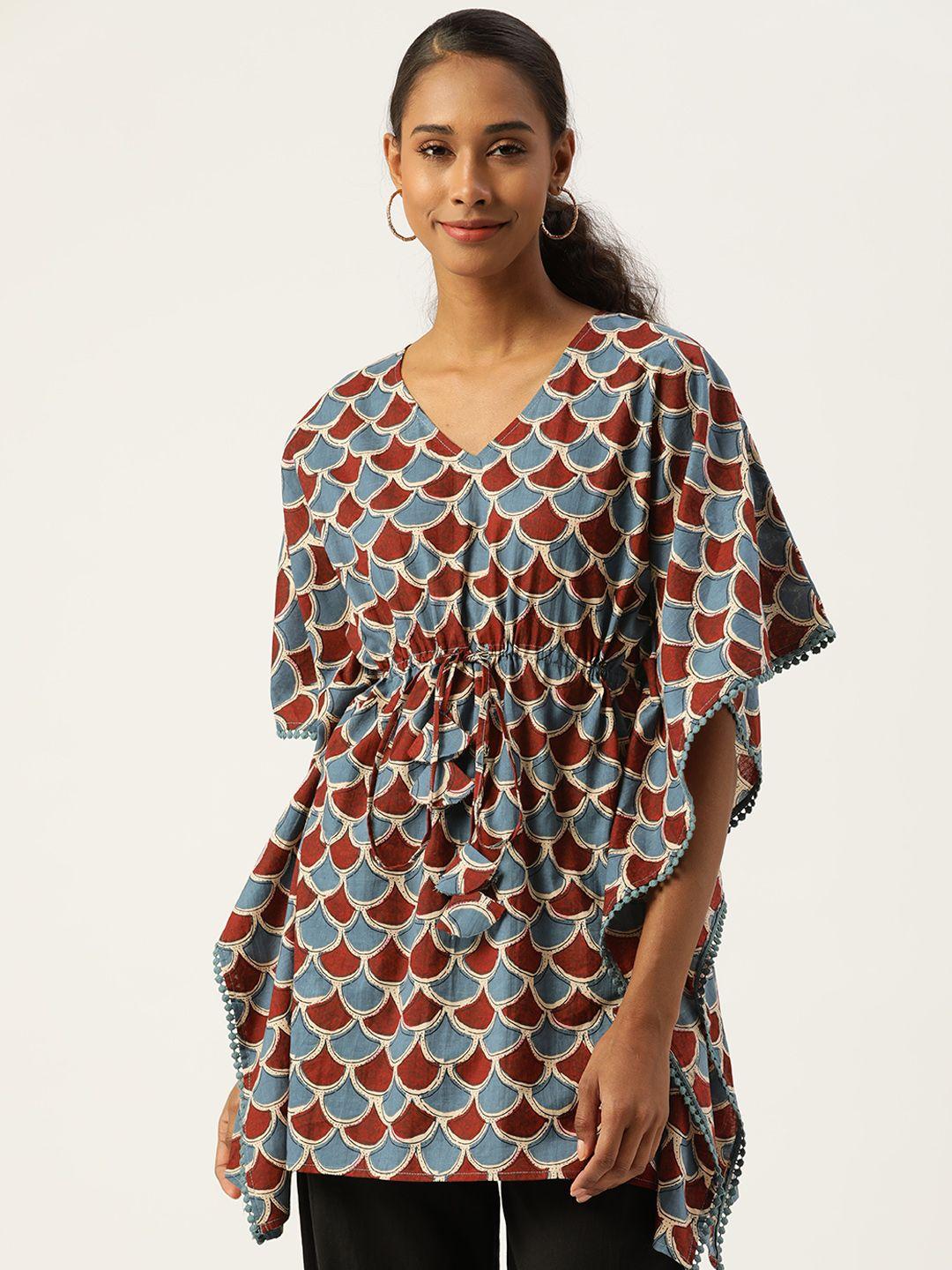 aayna women maroon & blue geometric block print kimono sleeves pure cotton kaftan kurta