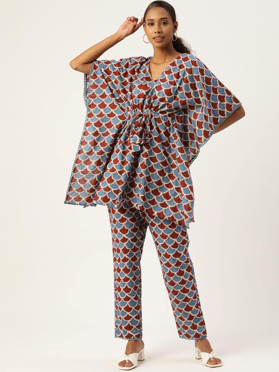 aayna women maroon & blue geometric print v-neck pure cotton kaftan kurta & trousers