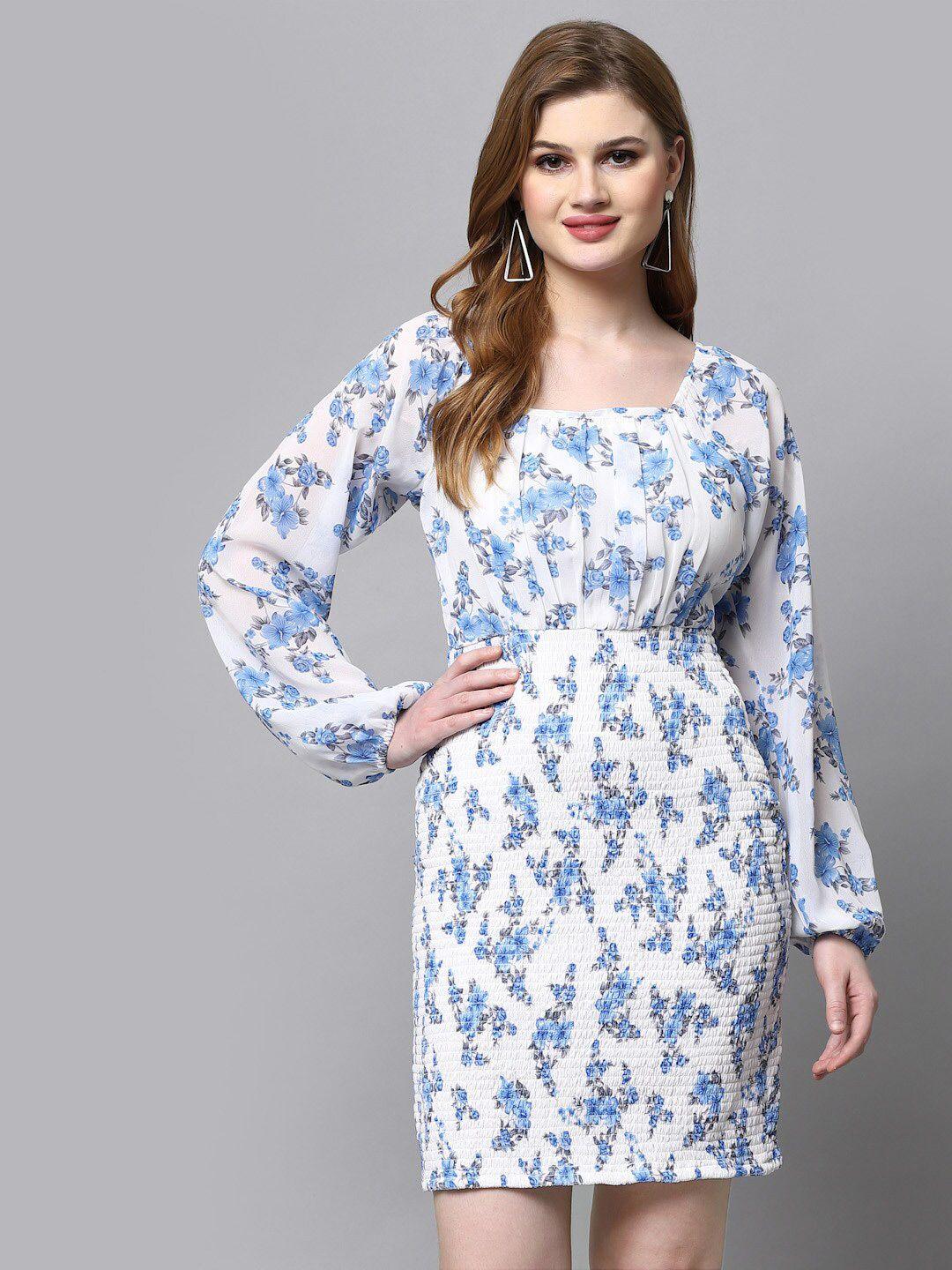 aayu blue floral print bell sleeve georgette sheath dress
