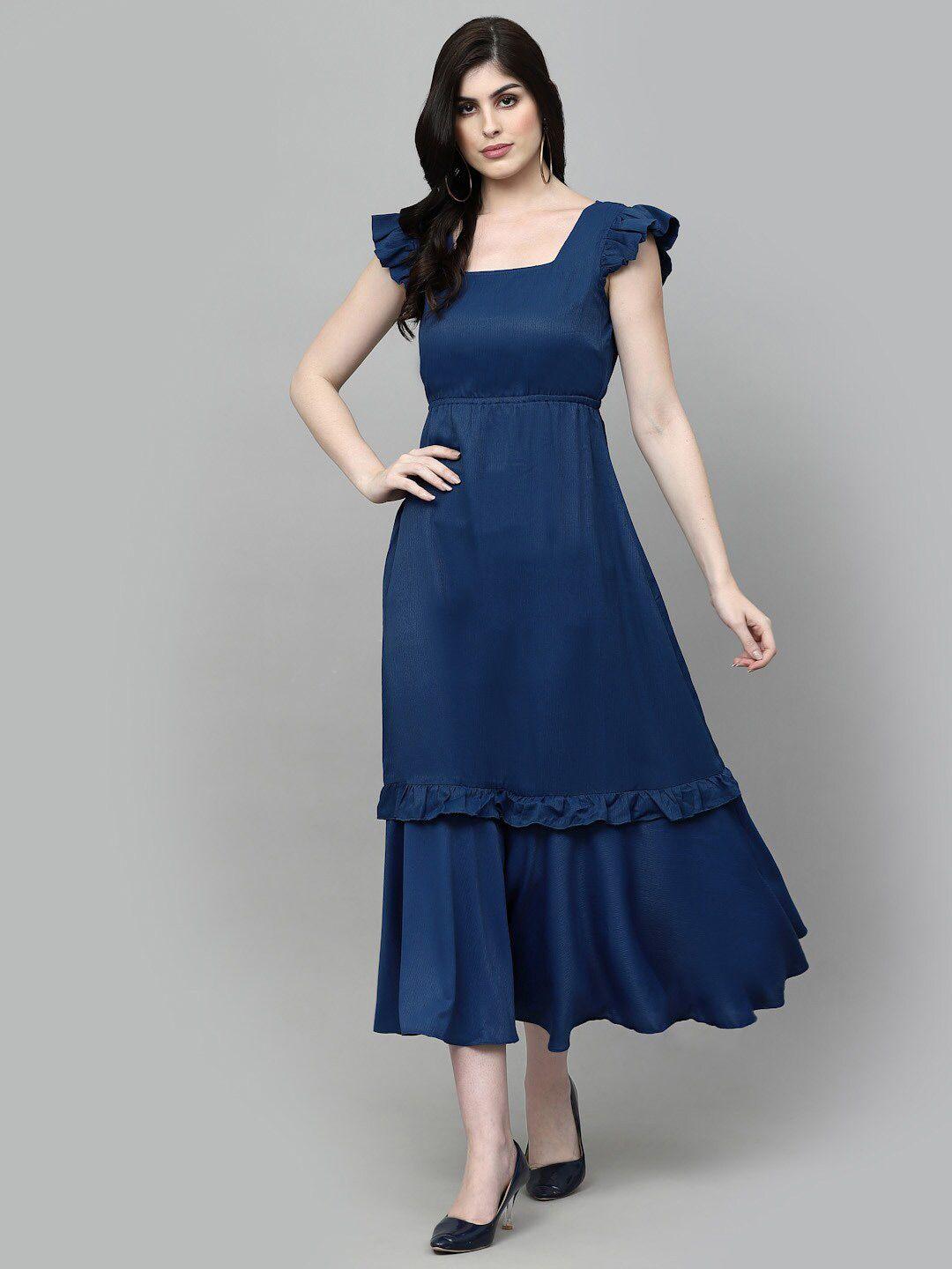 aayu blue flutter sleeve ruffled crepe a-line midi dress