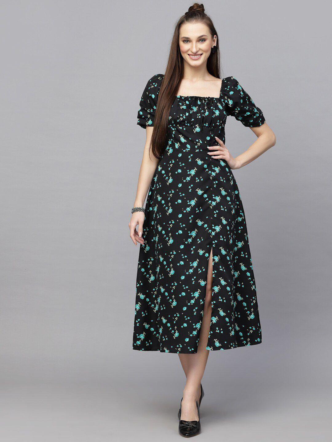 aayu floral printed square neck puff sleeves a-line midi dress