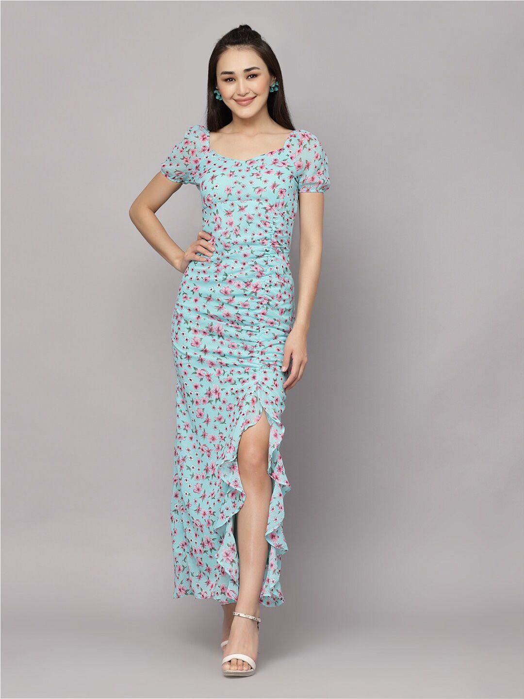 aayu floral printed v-neck puff sleeves ruffles detailed ruched maxi dress