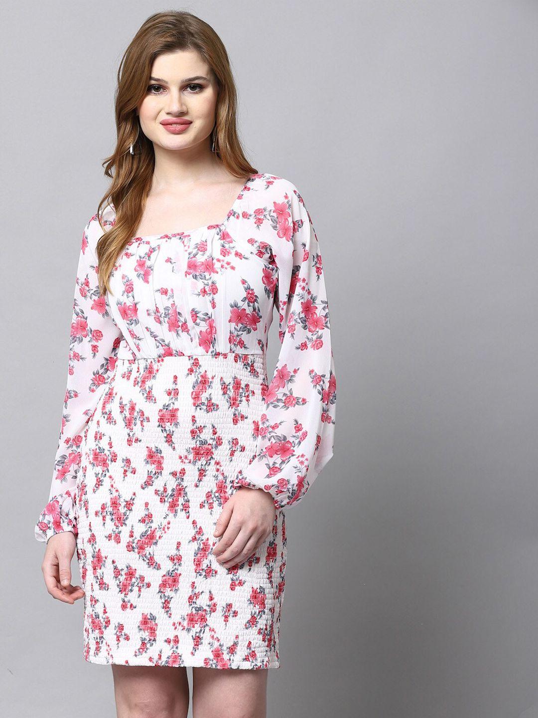 aayu pink floral print puff sleeve georgette a-line dress