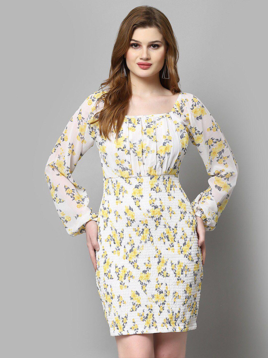 aayu yellow floral print puff sleeve georgette sheath dress