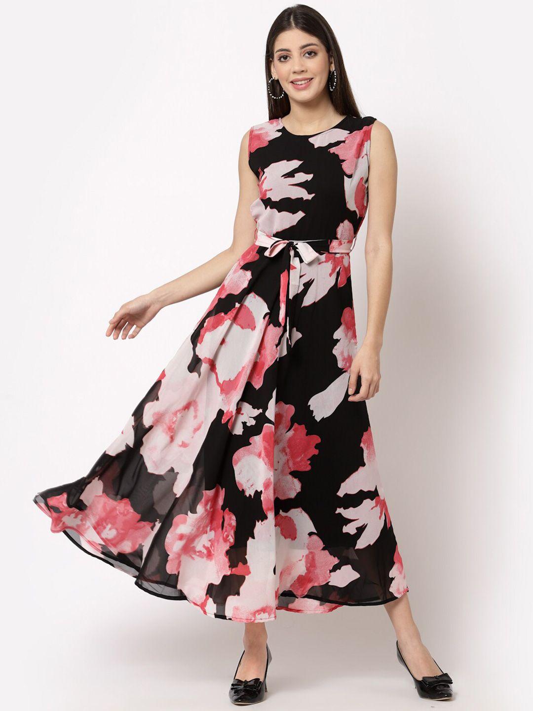 aayu black & pink floral printed georgette maxi maxi dress