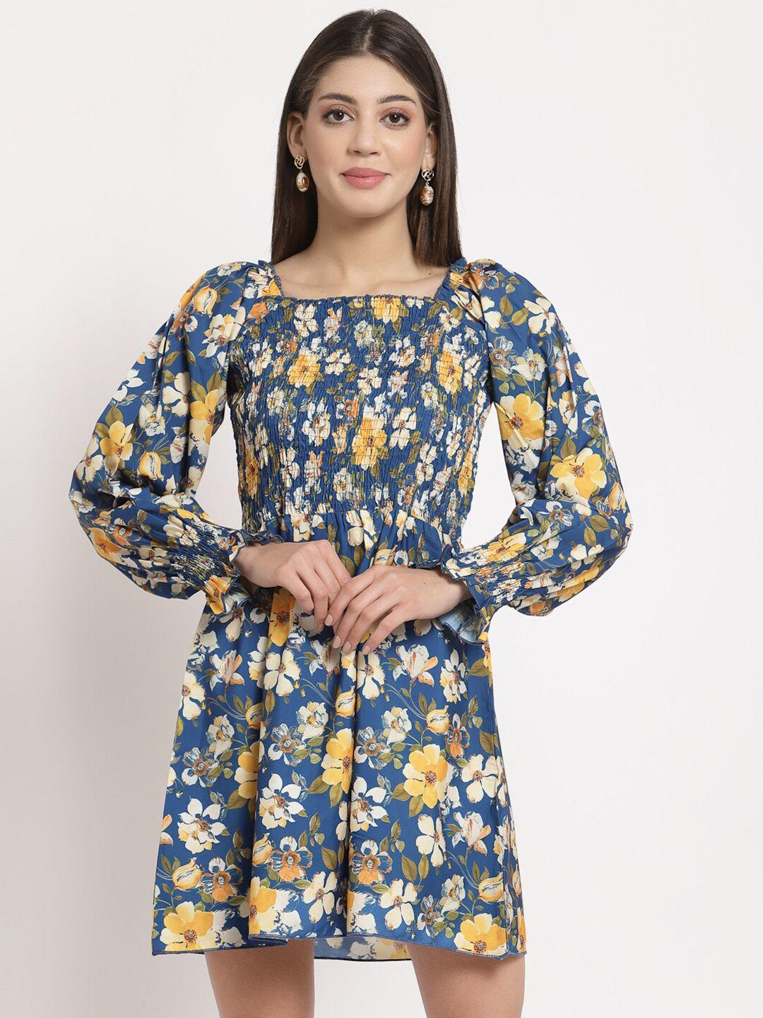 aayu blue & yellow floral printed crepe a-line dress