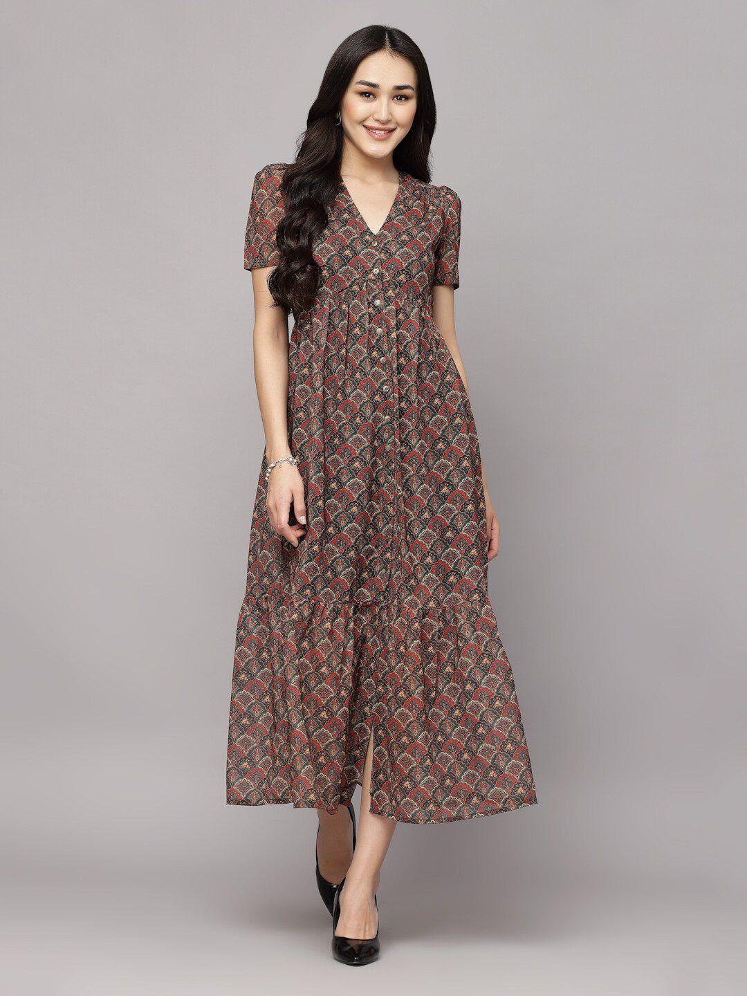 aayu ethnic motifs printed v-neck puff sleeve tiered georgette a-line midi dress