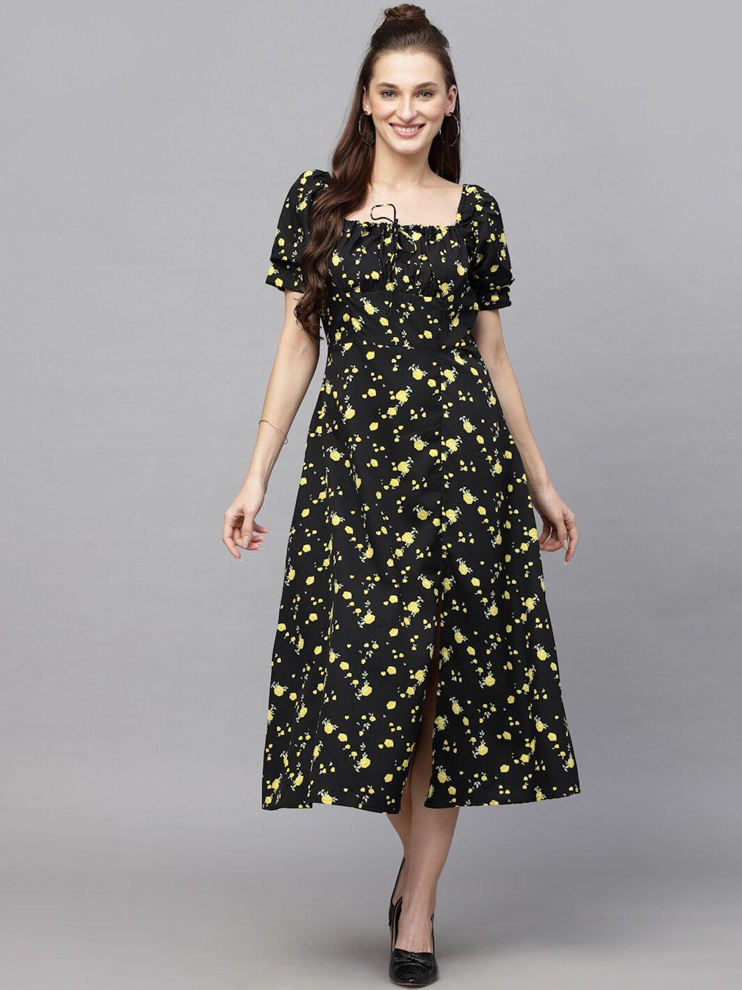 aayu floral print puff sleeve crepe a-line midi dress