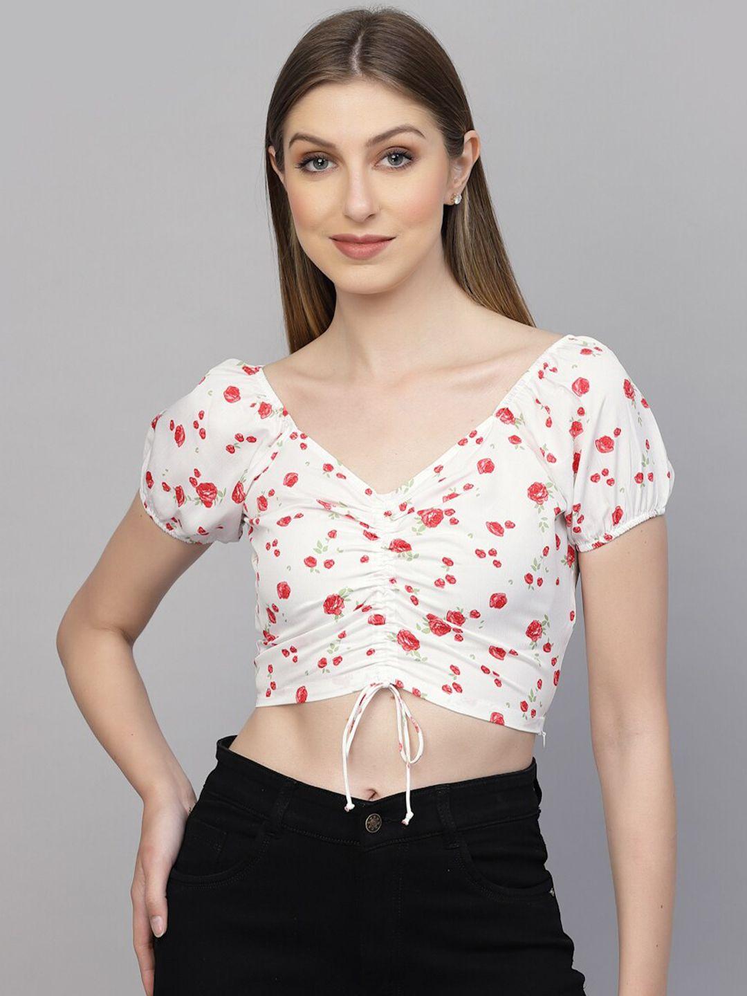 aayu floral printed puff sleeves v-neck ruched fitted crop top