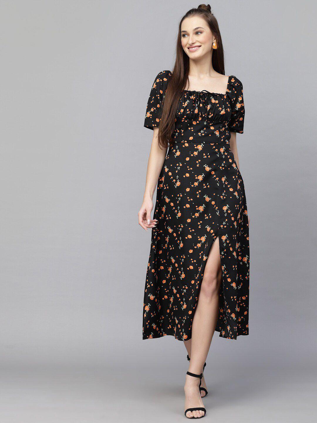 aayu floral printed square neck puff sleeves a-line midi dress