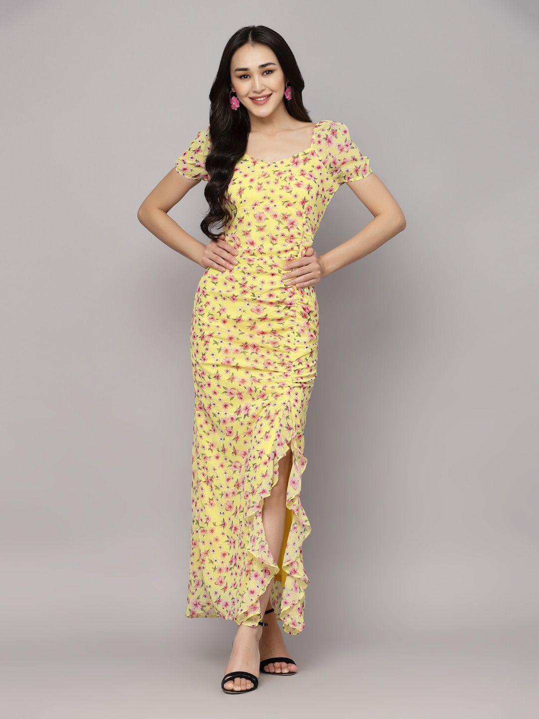 aayu floral printed sweetheart neck sheath maxi dress