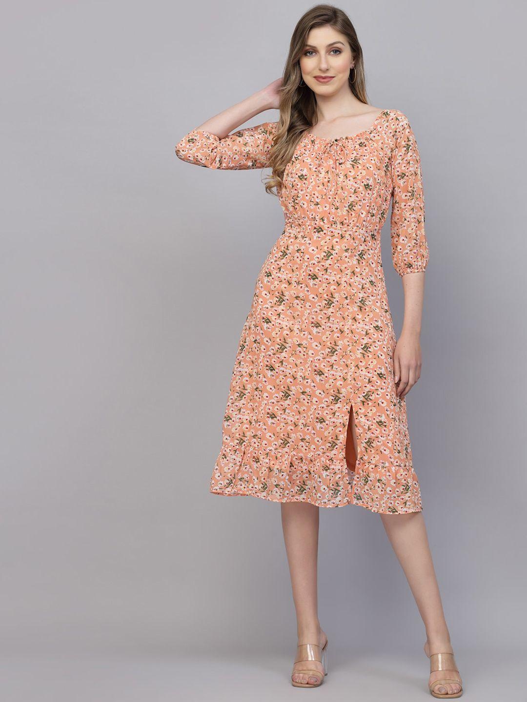 aayu floral printed tie-up neck puff sleeves gathered a-line midi dress