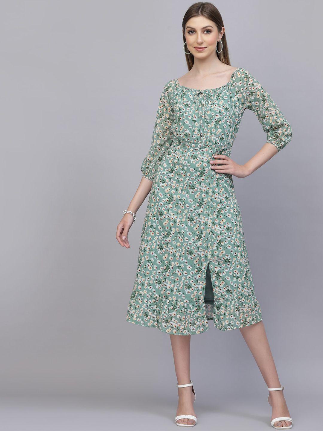 aayu floral printed tie-up neck puff sleeves gathered a-line midi dress