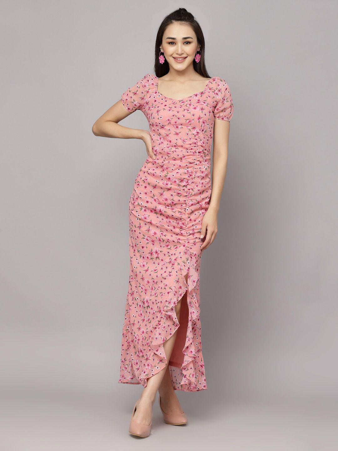 aayu floral printed v-neck puff sleeves ruffles detailed ruched maxi dress