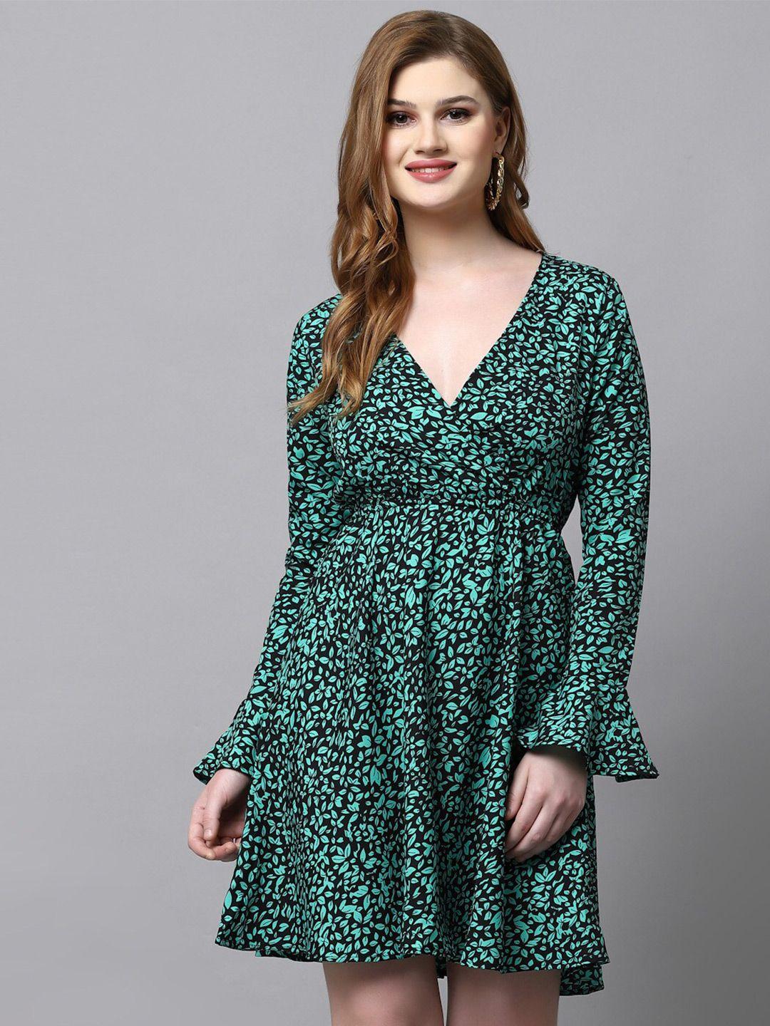 aayu green floral print bell sleeve crepe fit & flare dress
