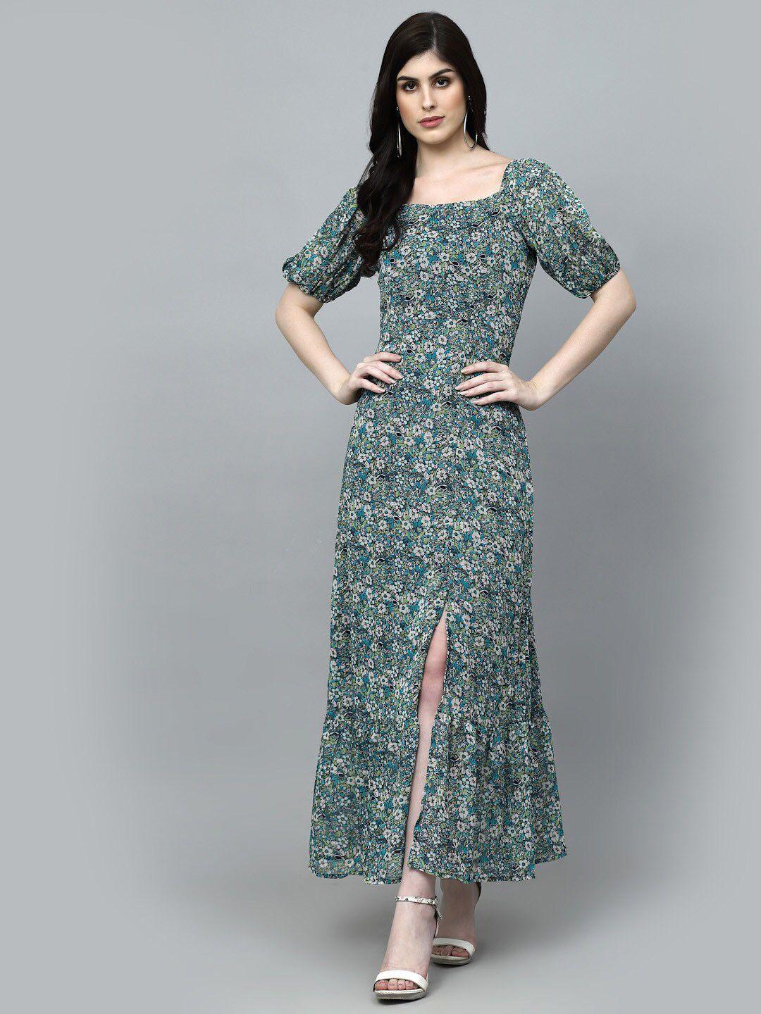 aayu green floral print puff sleeve georgette maxi dress