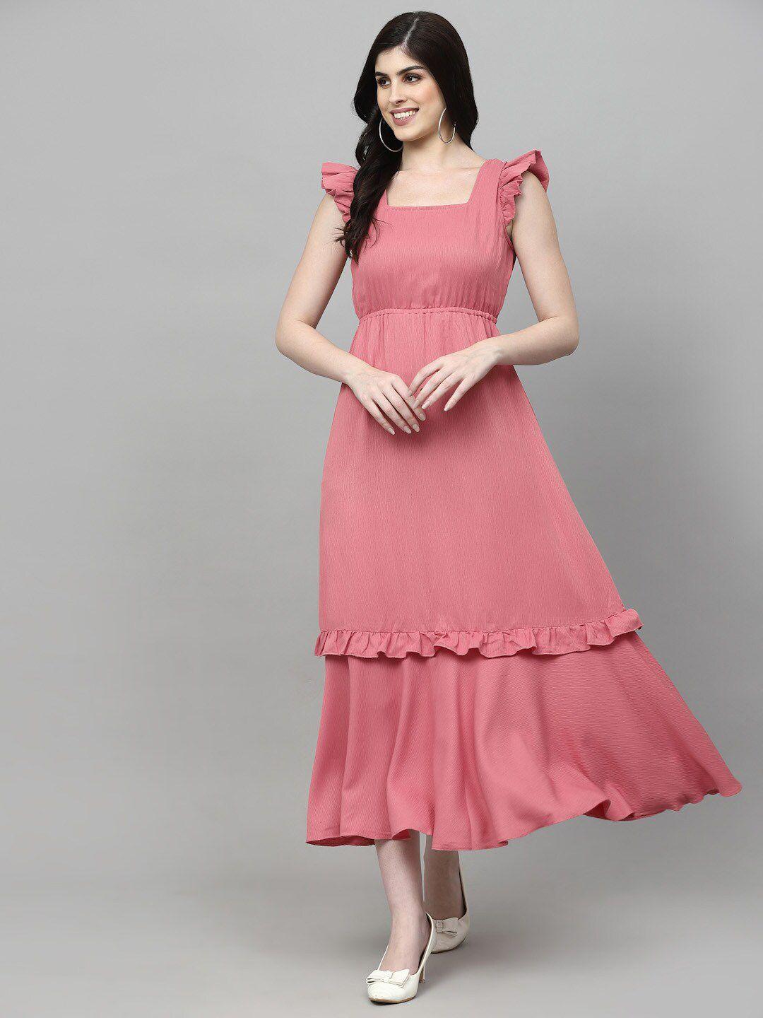 aayu peach-coloured flutter sleeve ruffled crepe maxi midi dress