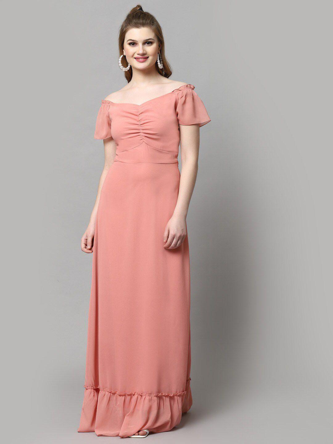 aayu peach-coloured off-shoulder flutter sleeve georgette maxi dress