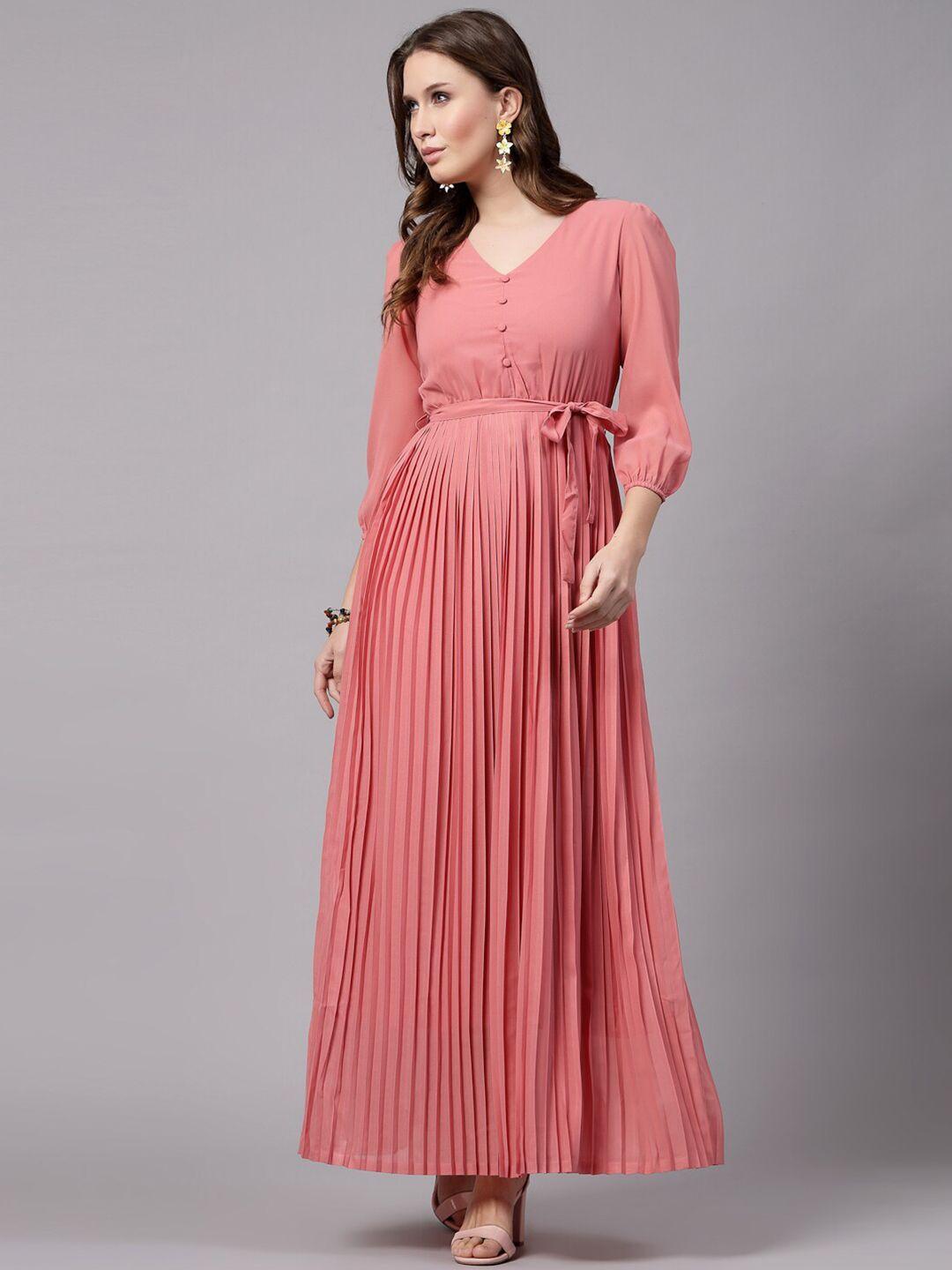 aayu peach-coloured puff sleeve georgette fit & flare maxi dress