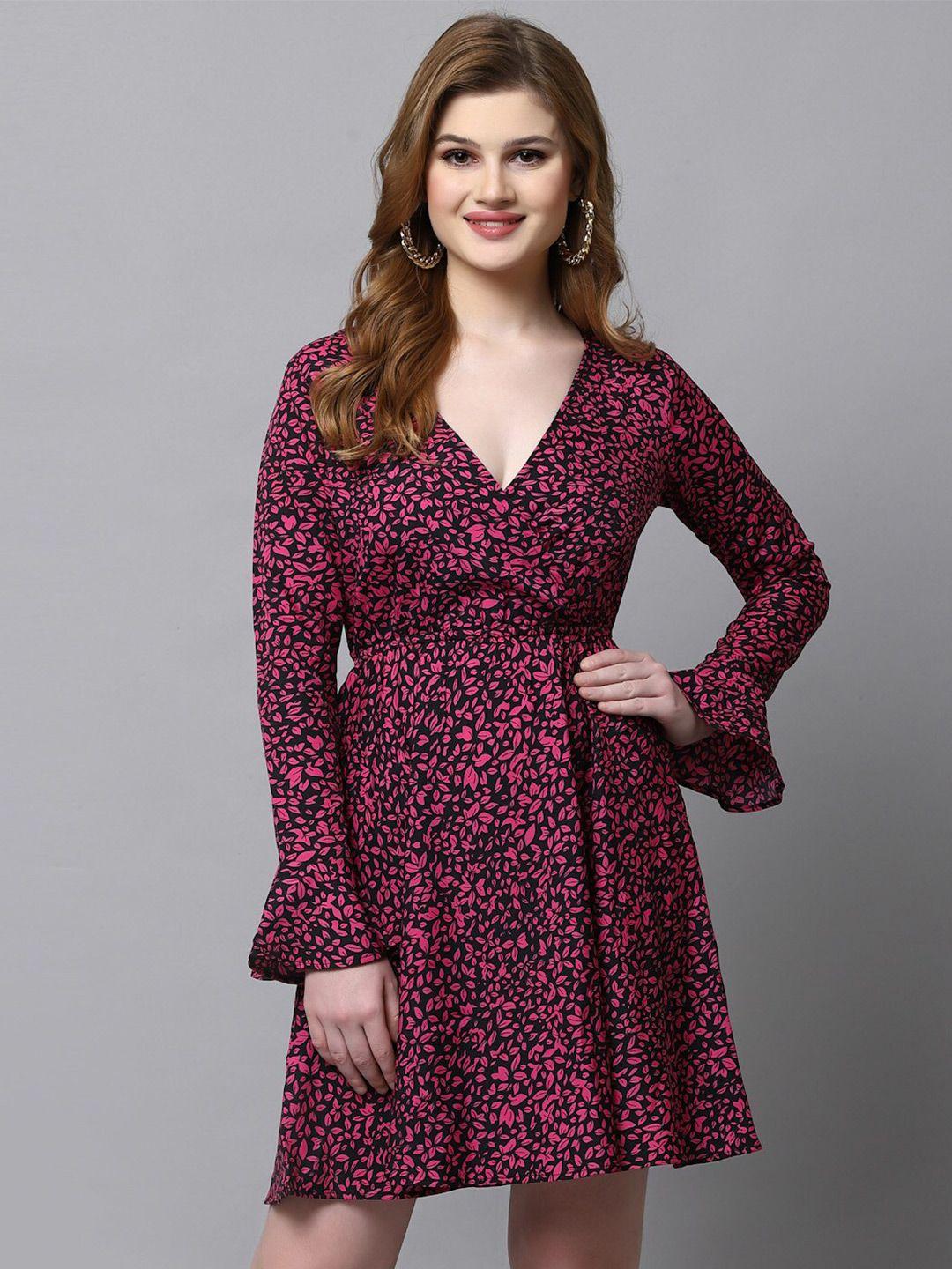 aayu pink floral print bell sleeve crepe dress