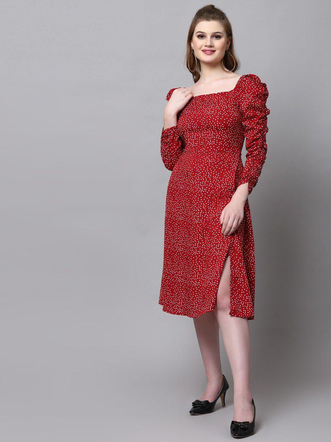 aayu red floral print puff sleeve crepe sheath midi dress