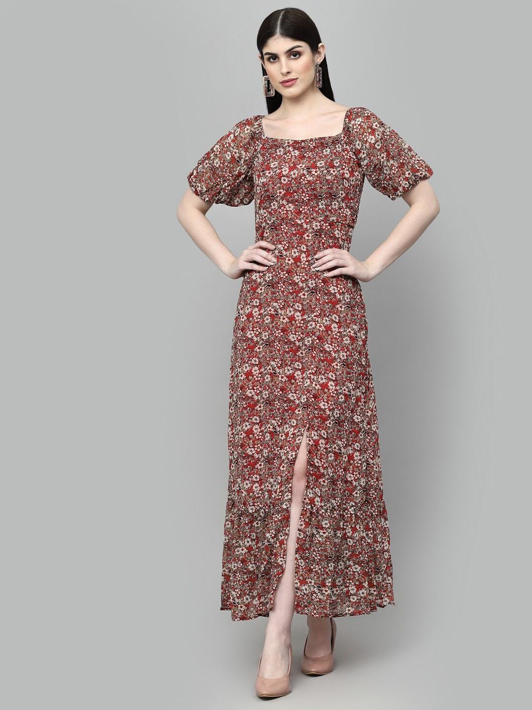aayu red floral print puff sleeve georgette maxi dress
