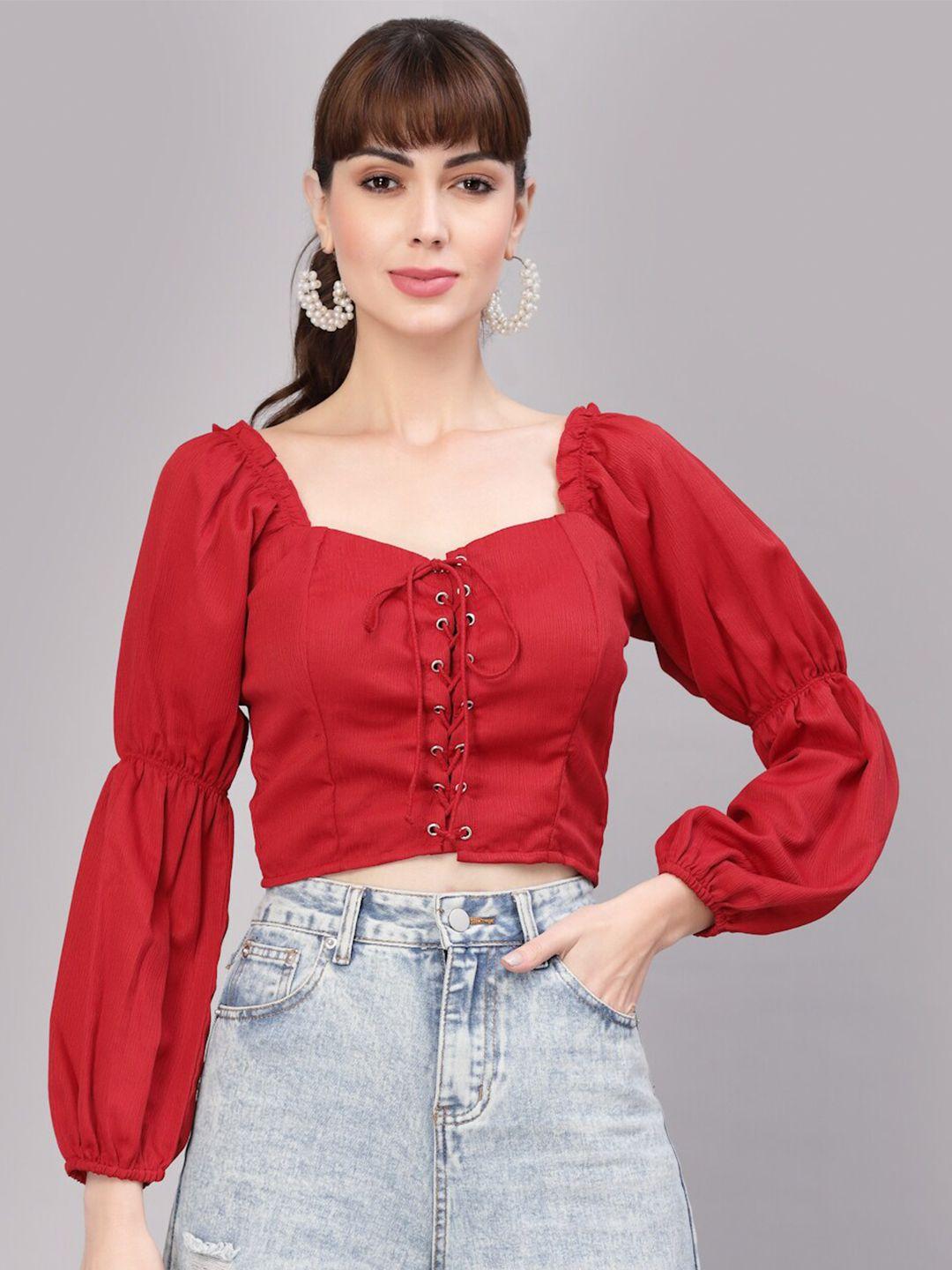 aayu sweetheart neck puff neck lace up fitted crop top